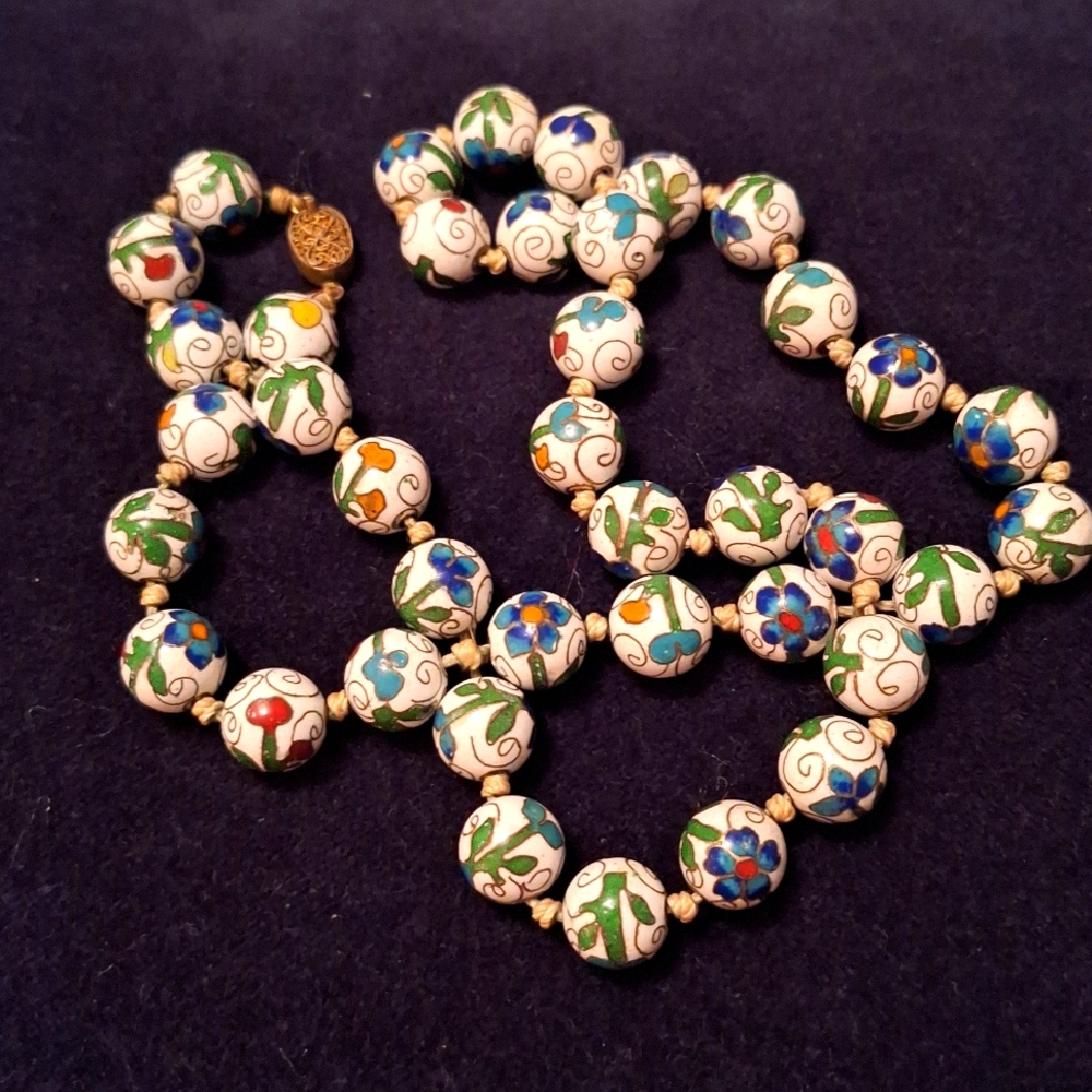 Vintage Cloisonne Bead rare white with color fl